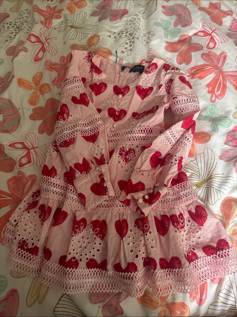 Bardot Pink Dress with Red Heart Embroidery
